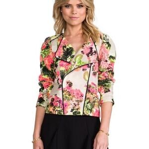 Line & Dot Floral Biker Jacket in Pink, Green, Cream